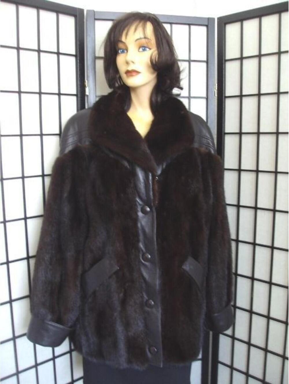 !EXCELLENT DARK RANCH MINK FUR & LEATHER JACKET COAT WOMEN WOMAN SIZE 10 MEDIUM